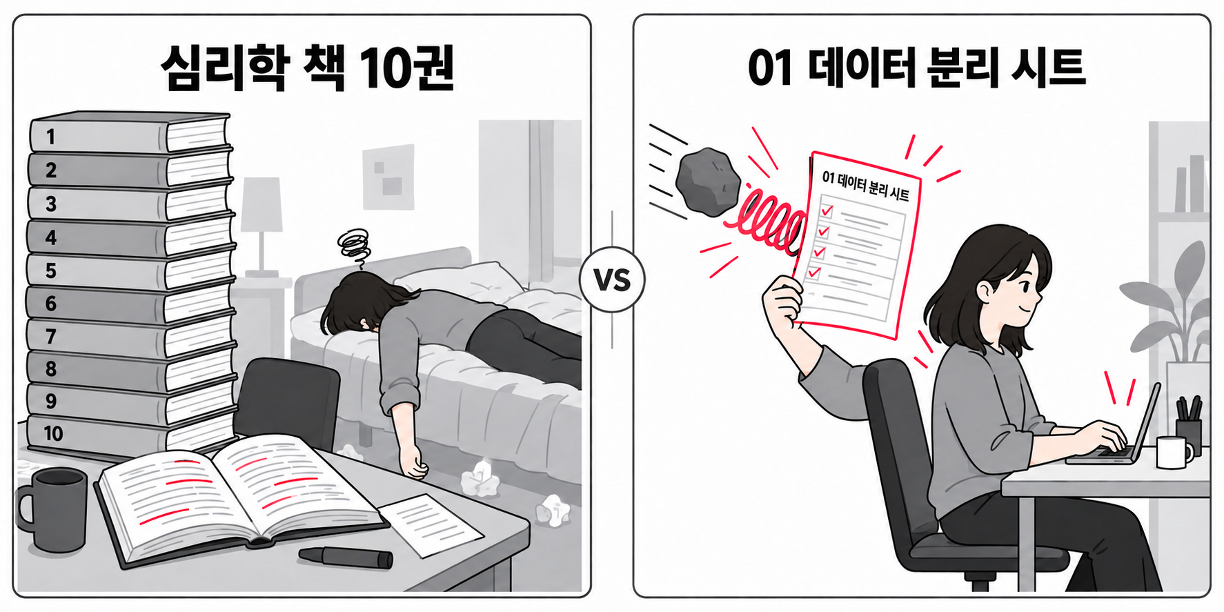 심리학 책 10권을 쌓아두고도 침대에 쓰러진 여성과, 데이터 분리 시트 한 장으로 충격을 받아내며 책상에 앉아 일을 시작한 같은 여성을 비교한 그림