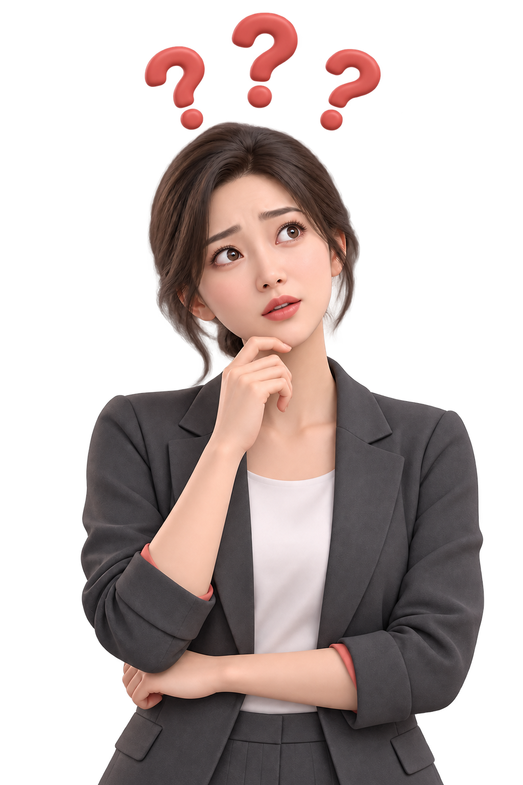 턱에 손을 대고 궁금한 표정을 짓는 성인 여성과 머리 위의 물음표 세 개