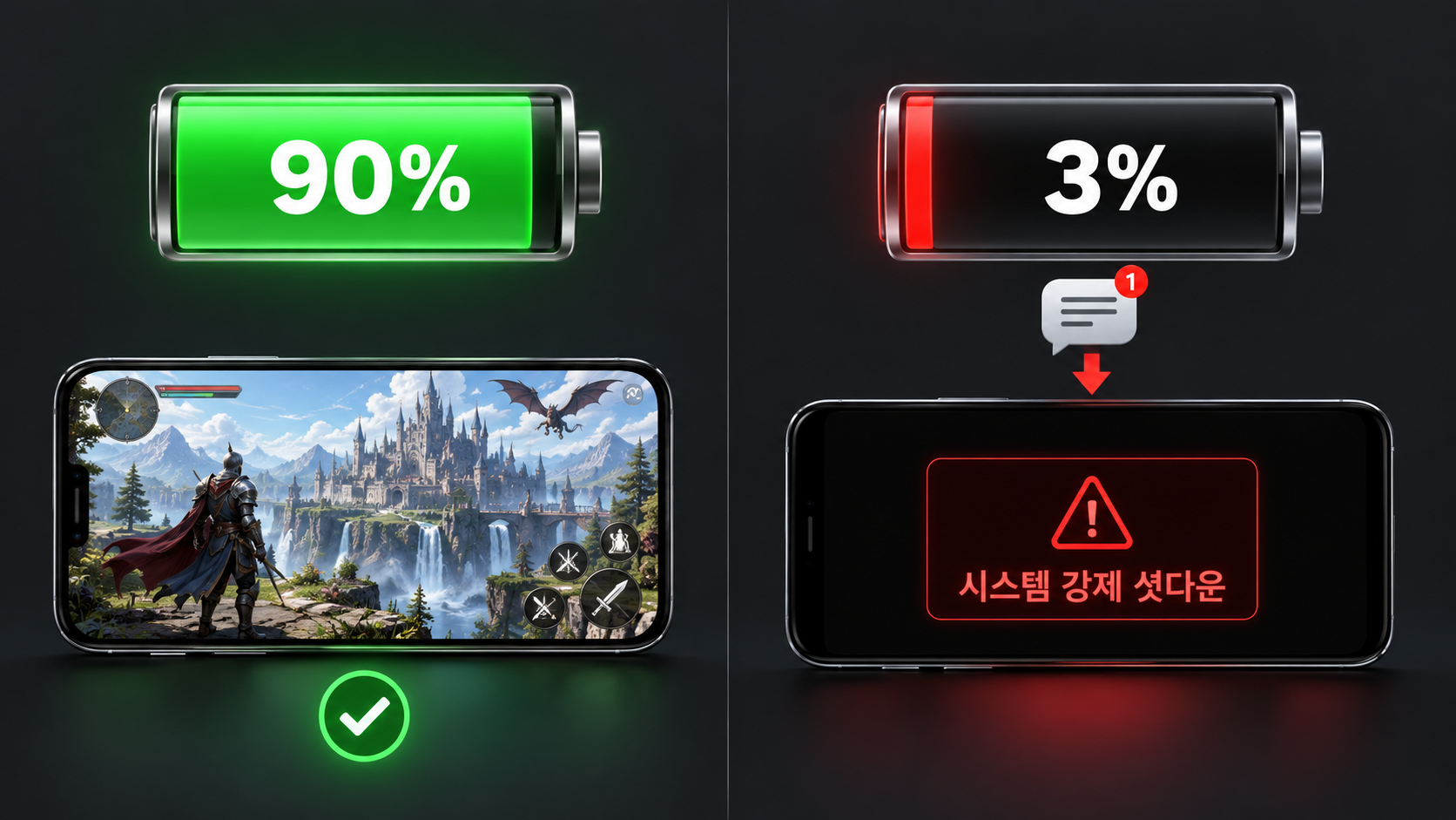왼쪽은 배터리 90%로 3D 게임을 안정적으로 실행하고, 오른쪽은 배터리 3%에서 문자 알림 한 건 뒤 시스템이 강제 셧다운되는 비교 도식