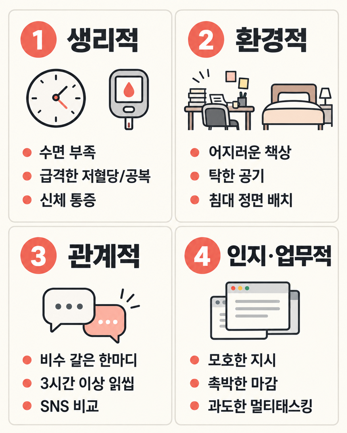 생리적, 환경적, 관계적, 인지·업무적 이탈 트리거와 각 영역의 세 가지 사례를 보여주는 2×2 사분면 도식