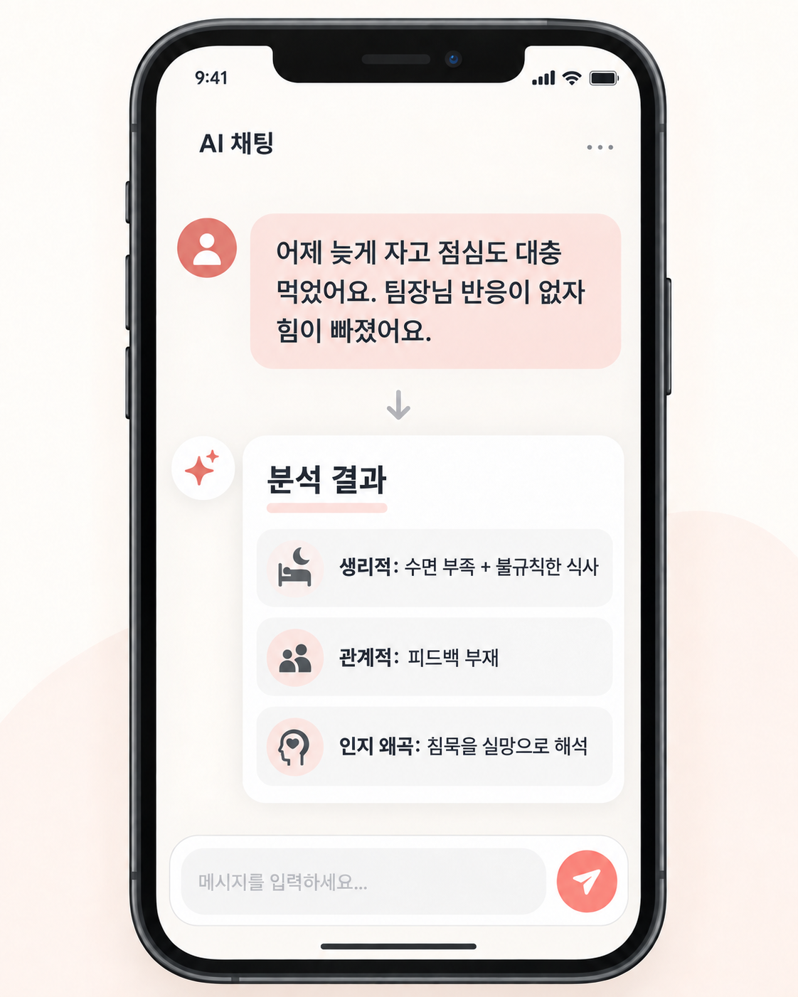 사용자의 하루 기록을 입력하자 AI가 수면 부족, 식사 불규칙, 피드백 부재와 인지 왜곡을 분석하는 채팅 화면 목업