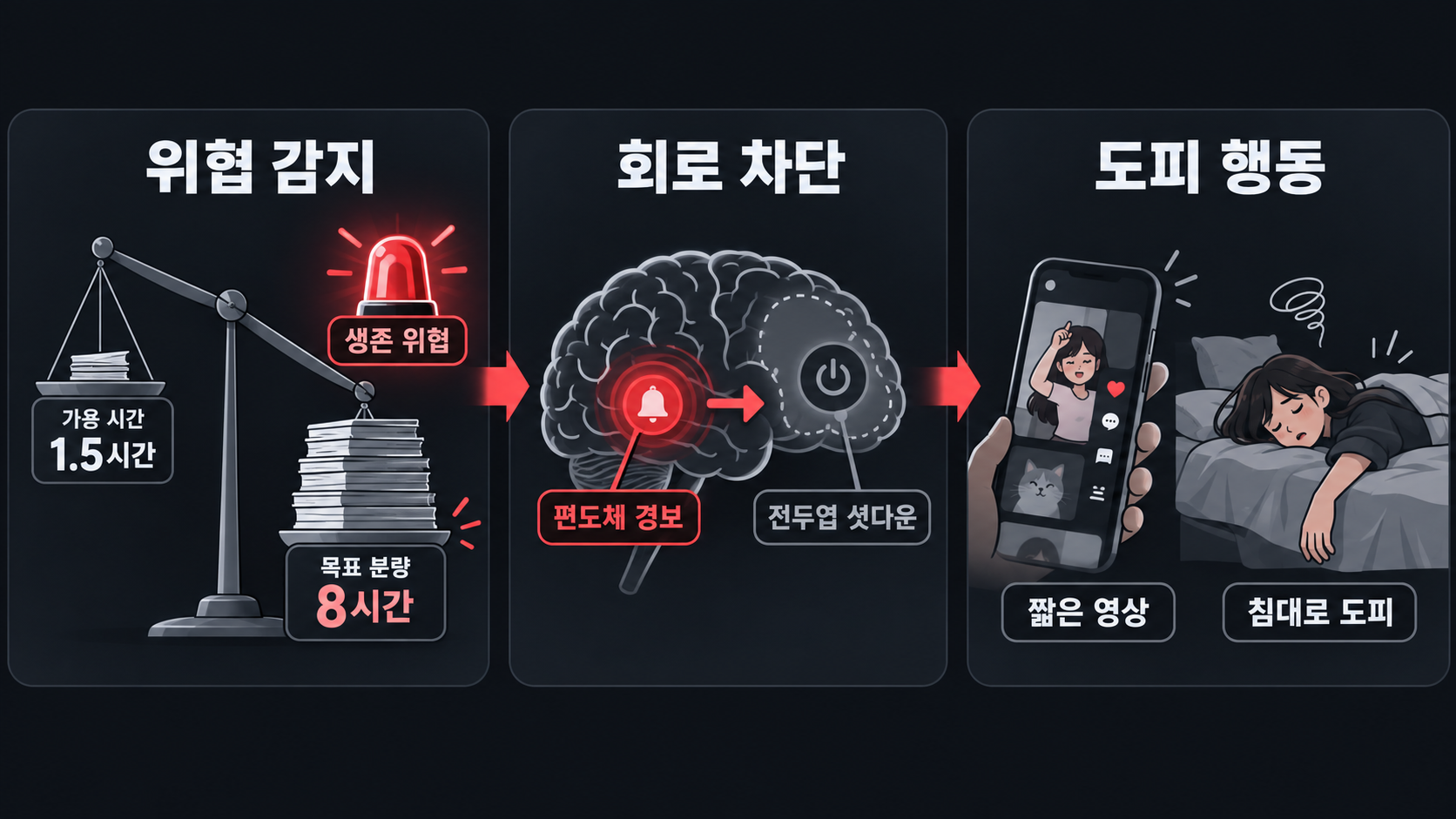 가용 시간 1.5시간과 목표 분량 8시간의 불균형이 편도체 경보와 전두엽 셧다운을 거쳐 짧은 영상과 침대 도피로 이어지는 흐름도
