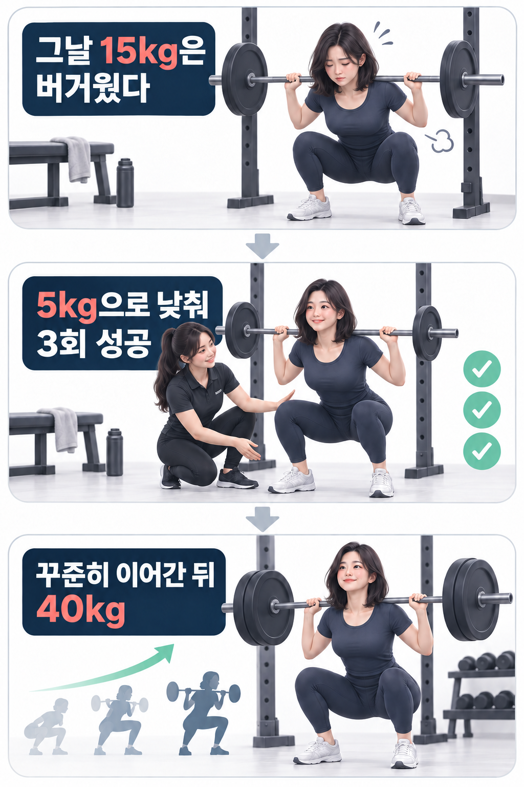 여성 회원이 버거웠던 15kg 스쿼트를 그날의 컨디션에 맞게 5kg으로 낮춰 세 번 성공하고, 꾸준히 훈련을 이어간 뒤 40kg을 드는 세 단계 이야기