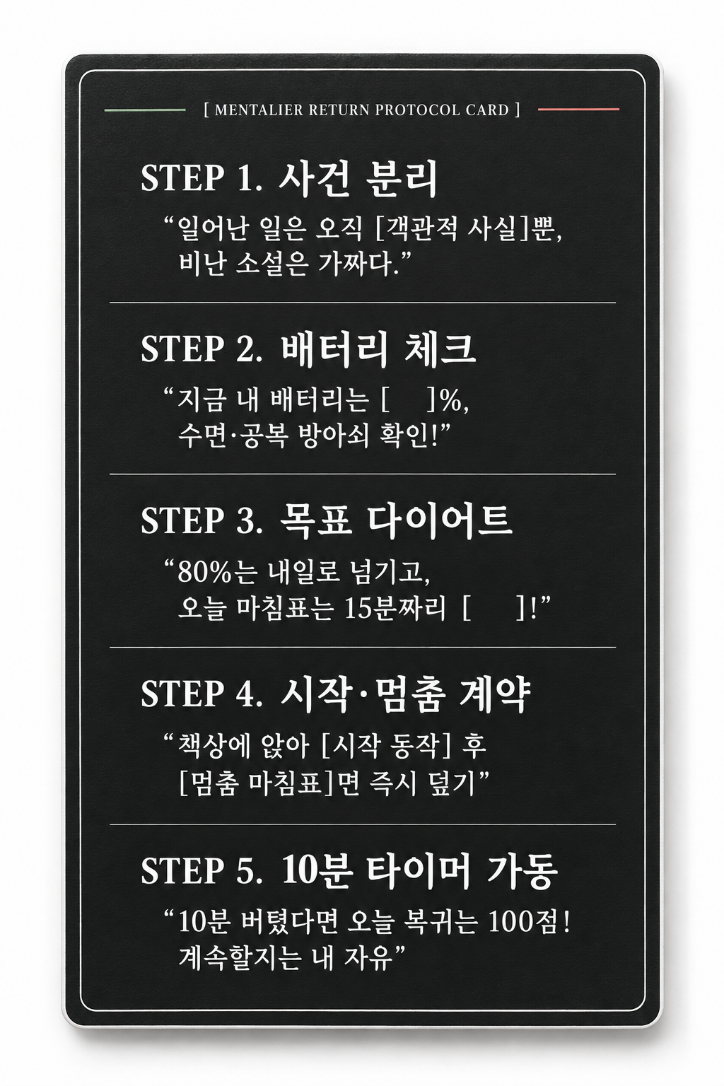 다크 차콜 카드에 사건 분리, 배터리 체크, 목표 다이어트, 시작·멈춤 계약, 10분 타이머 가동을 적은 다섯 단계 복귀 프로토콜 실물 카드