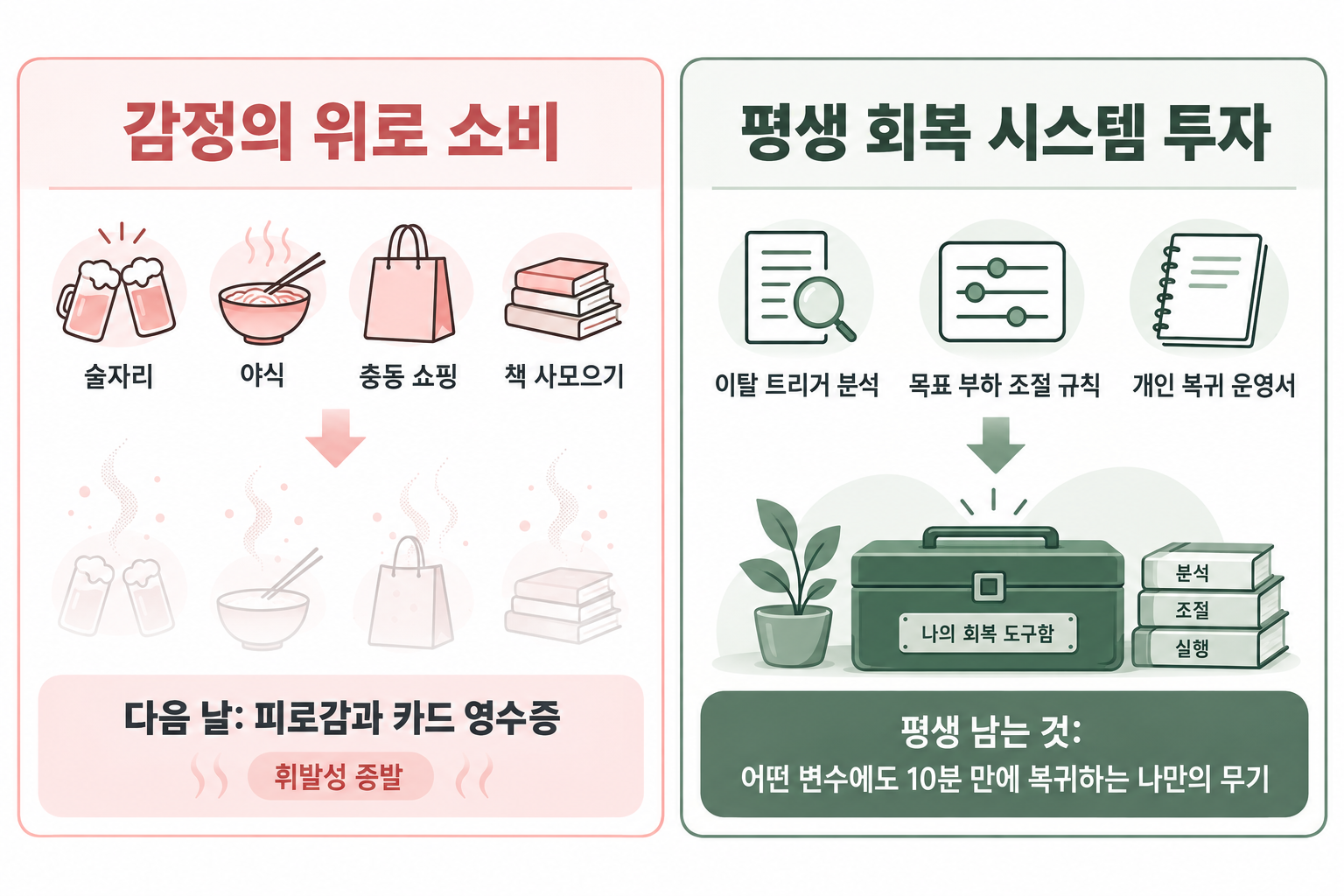 술자리, 야식, 쇼핑, 책 사모으기 같은 감정의 위로 소비와 이탈 트리거 분석, 목표 부하 조절 규칙, 개인 복귀 운영서에 투자해 남는 것을 비교한 카드